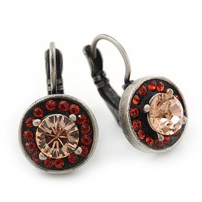Vintage Inspired Coral, Citrine Crystal Round Drop Earrings With Leverback In Burn Silver Metal - 20mm Length - main view