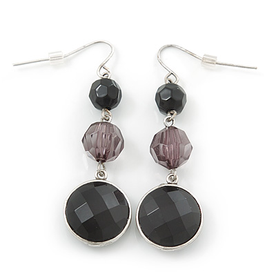 Black Acrylic Bead Drop Earrings In Silver Tone - 5cm Length - main view