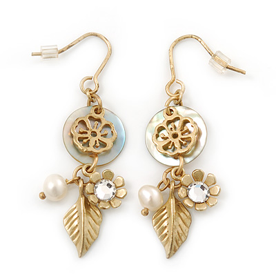 Gold Plated Flower, Leaf, Freshwater Pearl Drop Earrings - 45mm Length - main view