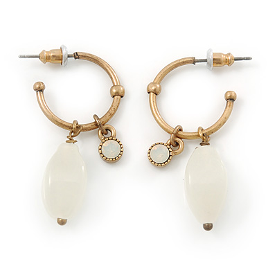 Small Vintage Inspired Antique Gold Tone Hoop Earrings With Milky White Glass Bead - 35mm Length - main view