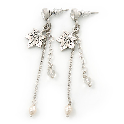 Silver Tone Maple Leaf, Chain Dangle, Freshwater Pearl Drop Earrings - 60mm Length - main view