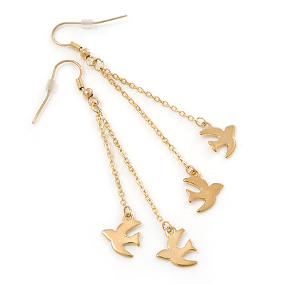 Long Gold Plated Chain 'Swallow' Dangle Earrings - 7cm Length - main view