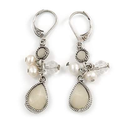 Off White Acrylic Bead, Simulated Pearl Drop Earrings With Leverback Closure In Silver Tone - 45mm L - main view