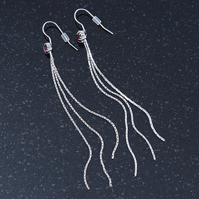 Long Tassel Drop Earrings with Purple Crystal In Silver Tone - 90mm L - main view