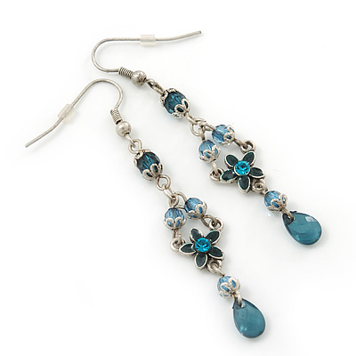 Teal Green Crystal, Bead Floral Drop Earrings In Silver Tone - 70mm Length - main view