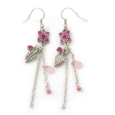 Pink Enamel Flower, Acrylic Bead Chain Dangle Earrings In Silver Tone - 8cm Length - main view