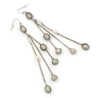 Long Chain Milky White Bead Dangle Earrings In Antique Silver Metal - 11.5cm Length - main view