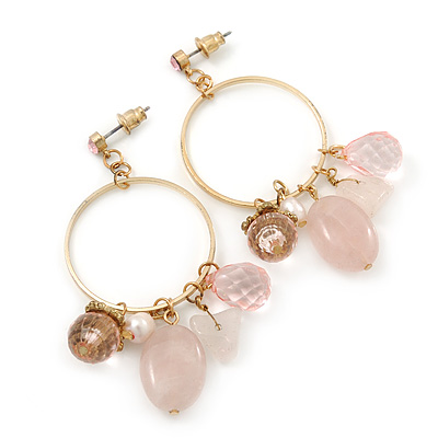 Vintage Inspired Glass Bead, Freshwater Pearl, Rose Quartz Stone Hoop Earrings In Gold Plating - 65mm Length