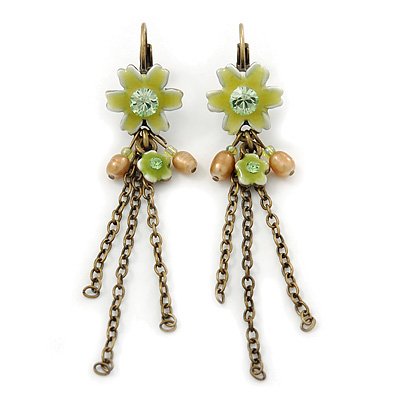 Light Green Enamel, Crystal Flowers, Chains Drop Earrings With Leverback Closure In Burn Gold Tone - 60mm Length - main view