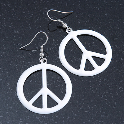 White Enamel 'Peace' Drop Earrings In Silver Plating - 50mm Length