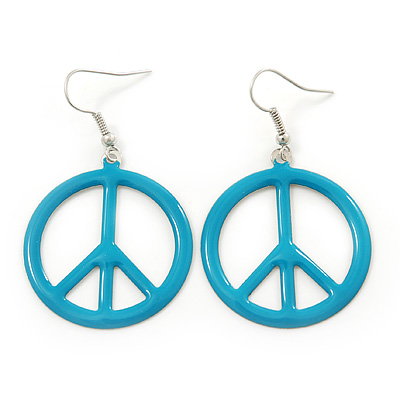 Light Blue Enamel 'Peace' Drop Earrings In Silver Plating - 50mm Length - main view