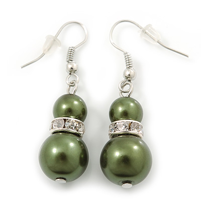 Dark Olive Simulated Glass Pearl, Crystal Drop Earrings In Rhodium Plating - 40mm Length - main view
