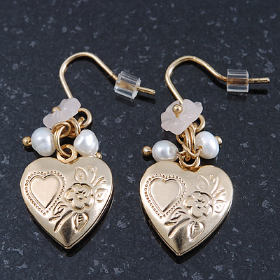 Gold Plated Heart Locket, Freshwater Pearl, Flower Drop Earrings - 35mm Length - main view
