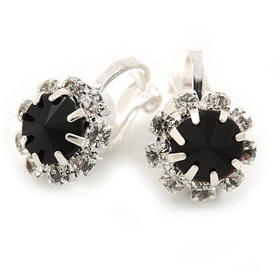 Small Black/ Clear Crystal Floral Clip On Earrings In Silver Tone - 15mm L - main view