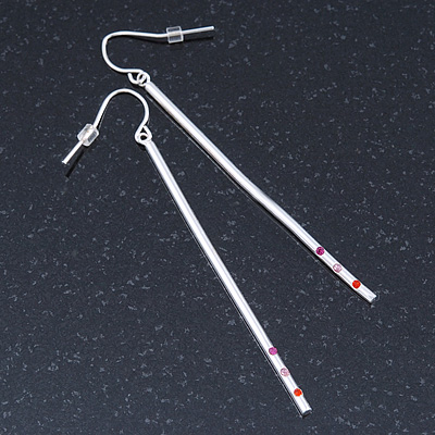 Long Silver Plated Crystal Bar Drop Earrings - 8cm Length - main view