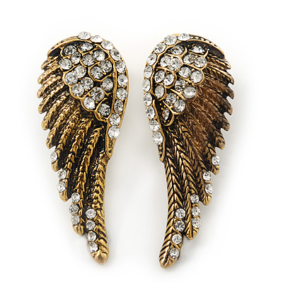 Vintage Inspired Diamante 'Angel Wings' Stud Earrings In Antique Gold Metal - 40mm Length