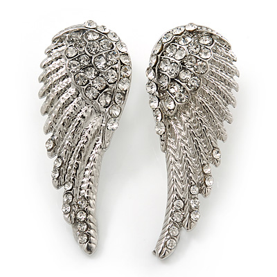 Diamante 'Angel Wings' Stud Earrings In Silver Tone Metal - 40mm Length