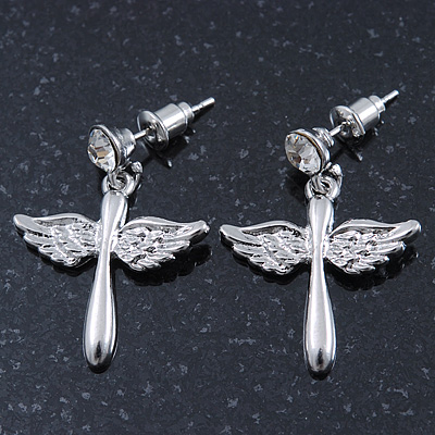 Rhodium Plated Angel Wings, Cross Drop Earrings - 30mm Length - main view