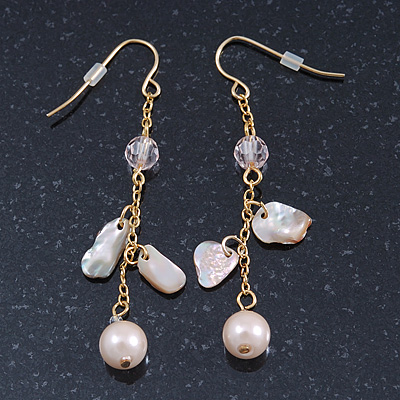 Pale Pink Simulated Pearl, Mother of Pearl Chain Drop Earrings In Gold Plating - 60mm Length - main view