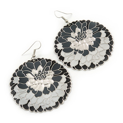 Black/ White/ Grey Round Enamel Hammered 'Rose' Drop Earrings In Silver Tone - 60mm Length - main view