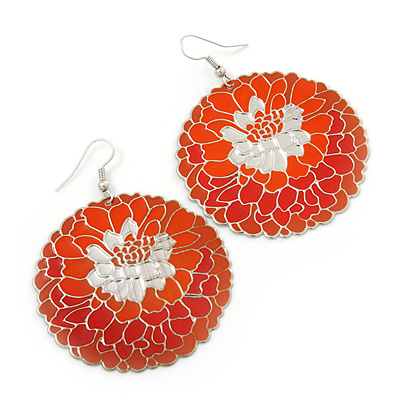 Orange/ Brick Red Round Enamel Hammered 'Rose' Drop Earrings In Silver Tone - 60mm Length