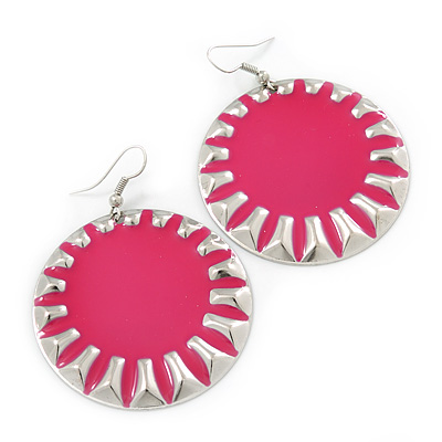 Large Round Bright Pink Enamel Drop Earrings In Silver Tone - 45mm Diameter - main view