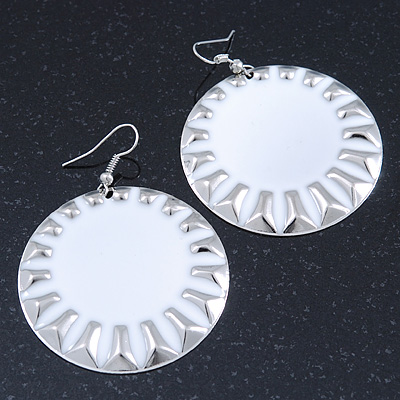 Large Round White Enamel Drop Earrings In Silver Tone - 45mm Diameter
