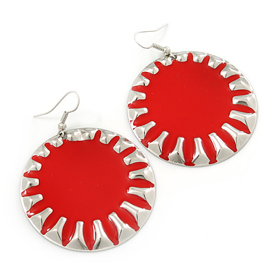 Large Round Red Enamel Drop Earrings In Silver Tone - 45mm Diameter - main view