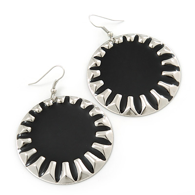 Large Round Black Enamel Drop Earrings In Silver Tone - 45mm Diameter - main view