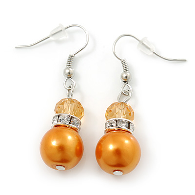 Orange Simulated Glass Pearl, Crystal Drop Earrings In Rhodium Plating - 40mm Length - main view