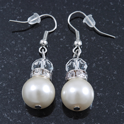 Bridal/ Prom/ Wedding White Glass Pearl, Crystal Drop Earrings In Rhodium Plating - 40mm Length - main view