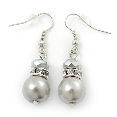 Light Grey Simulated Glass Pearl, Crystal Drop Earrings In Rhodium Plating - 40mm Length