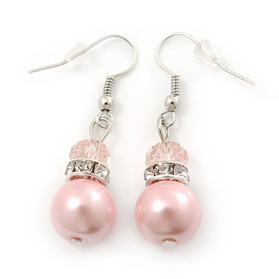 Pale Pink Glass Pearl, Crystal Drop Earrings In Rhodium Plating - 40mm Length - main view
