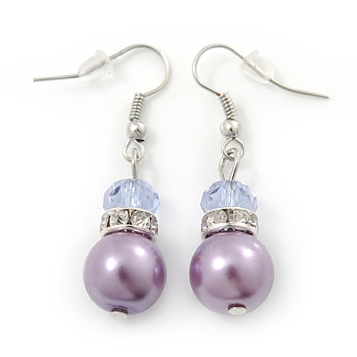 Purple Simulated Glass Pearl, Crystal Drop Earrings In Rhodium Plating - 40mm Length