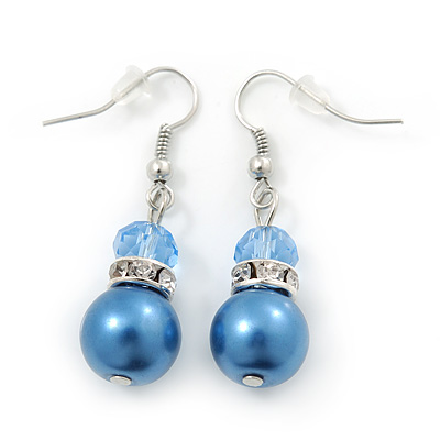 Violet Blue Simulated Glass Pearl, Crystal Drop Earrings In Rhodium Plating - 40mm Length