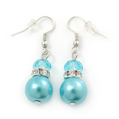 Light Blue Simulated Glass Pearl, Crystal Drop Earrings In Rhodium Plating - 40mm Length - main view