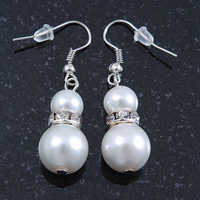 Cream Simulated Glass Pearl, Crystal Drop Earrings In Rhodium Plating - 40mm L - main view