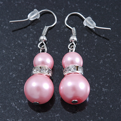 Light Pink Glass Pearl, Crystal Drop Earrings In Rhodium Plating - 40mm Length - main view
