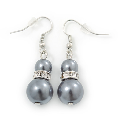 Grey Simulated Glass Pearl, Crystal Drop Earrings In Rhodium Plating - 40mm Length - main view