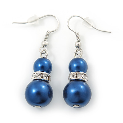 Navy Blue Simulated Pearl, Crystal Drop Earrings In Rhodium Plating - 40mm Length - main view