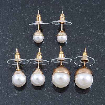 Set Of 3 White Simulated Glass Pearl Stud Earrings (10mm, 8mm, 6mm) In Gold Tone