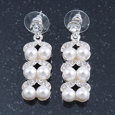 Bridal, Wedding, Prom Simulated Glass Pearl Drop Earrings In Rhodium Plating - 35mm Length - main view