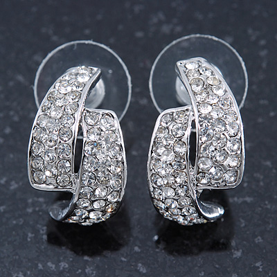 Silver Tone Clear Austrian Crystal C Shape Stud Earrings - 20mm L - main view