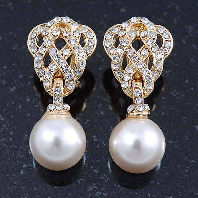Art Deco Bridal/ Prom/ Wedding White Simulated Pearl Crystal Drop Earrings In Gold Tone - 30mm L - main view