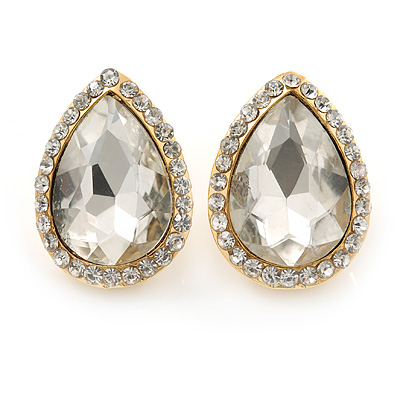 Gold Plated Clear Glass Teardrop Stud Earrings - 18mm Length - main view