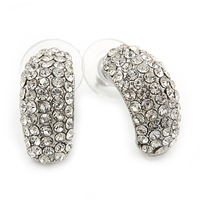 Clear Austrian Crystal C-Shape Stud Earrings In Rhodium Plating - 20mm Length - main view