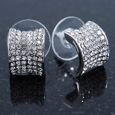 Small C Shape Clear Austrian Crystal Stud Earrings In Rhodium Plating - 12mm L - main view