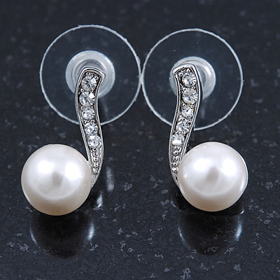 Bridal/ Prom/ Wedding White Simulated Pearl Crystal Stud Earrings In Rhodium Plating - 17mm L - main view