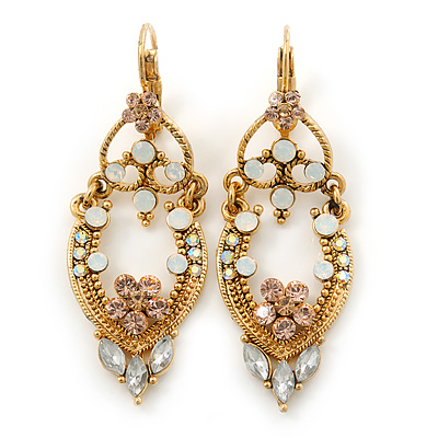Vintage Inspired Milky White/ Champagne Austrian Crystal Drop Earrings With Leverback Closure In Gold Plating - 55mm Length - main view