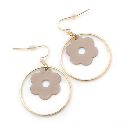 Gold Plated Hoop With Magnolia Flower Drop Earrings - 45mm Length - main view